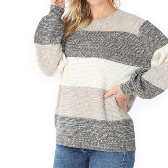 Willow Sweater- Gray Stripe- Balloon Sleeve- Multi - Picture 2 of 10
